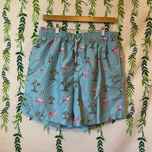 Blue Beachy Flamingo Palm Tree Boat Swimming Trunks With Back Pocket B1